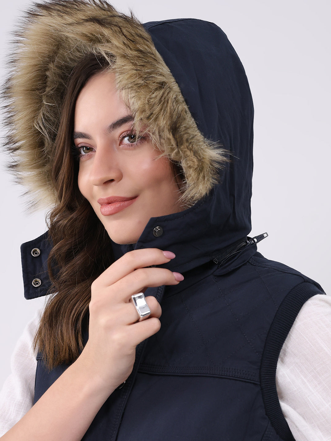 Women Navy Blue Solid Hooded Sleeveless Jacket
