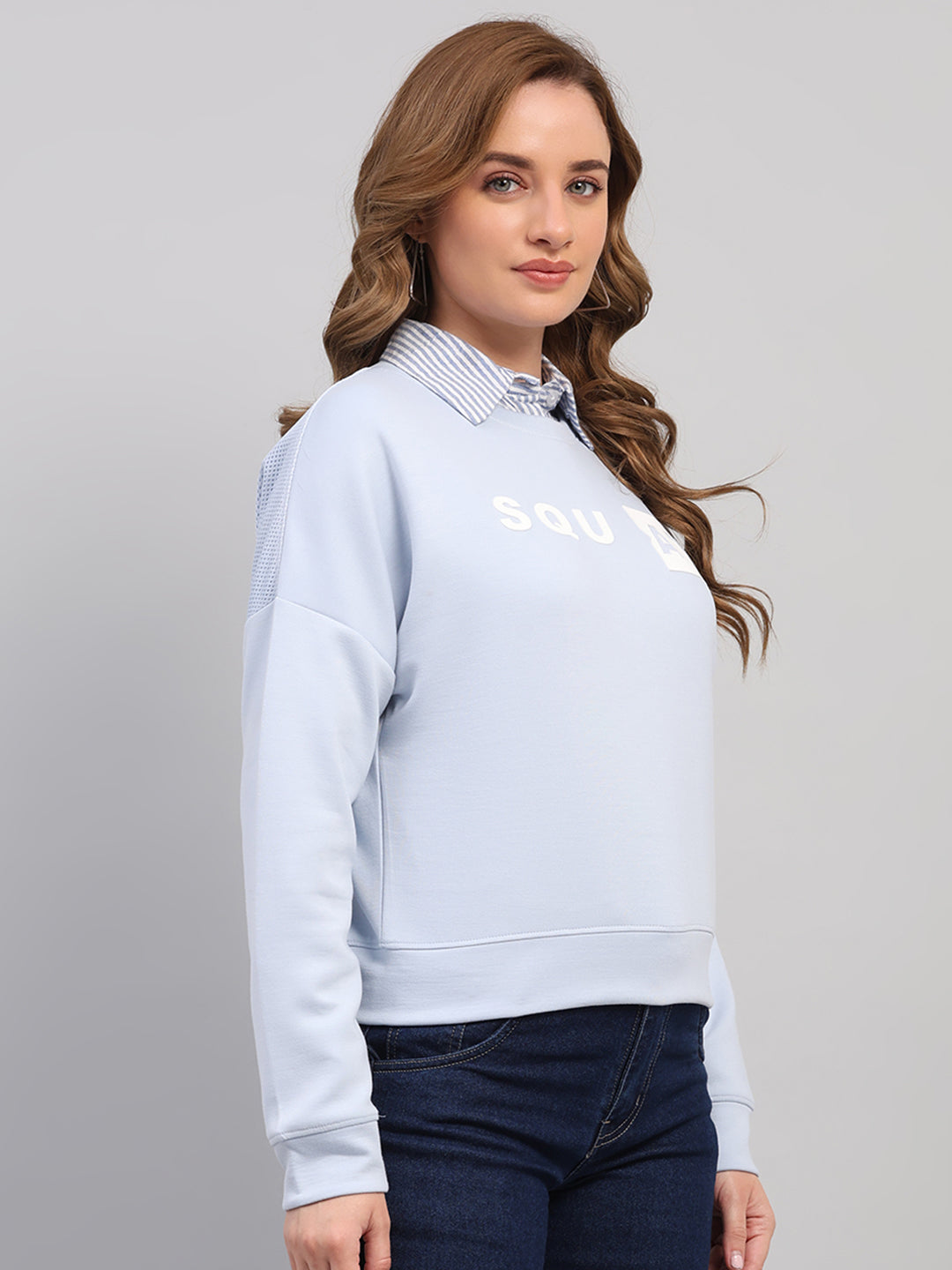 Women Sky Blue Printed Round Neck Full Sleeve Sweatshirt
