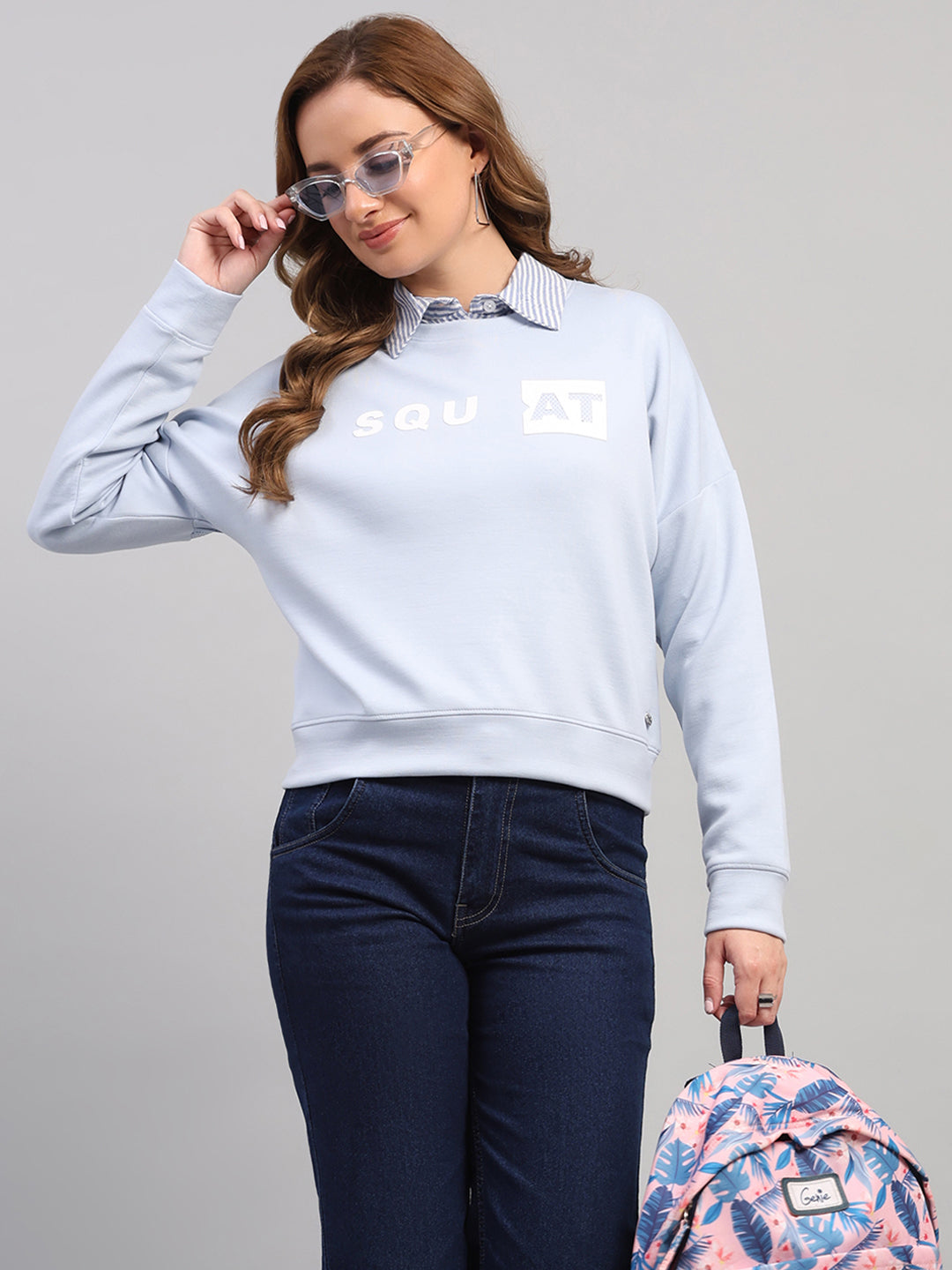 Women Sky Blue Printed Round Neck Full Sleeve Sweatshirt