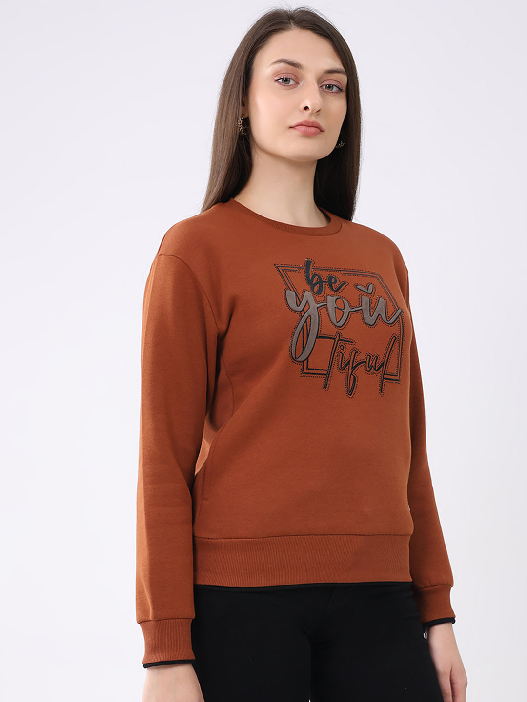 Women Rust Printed Round Neck Full Sleeve Sweatshirt