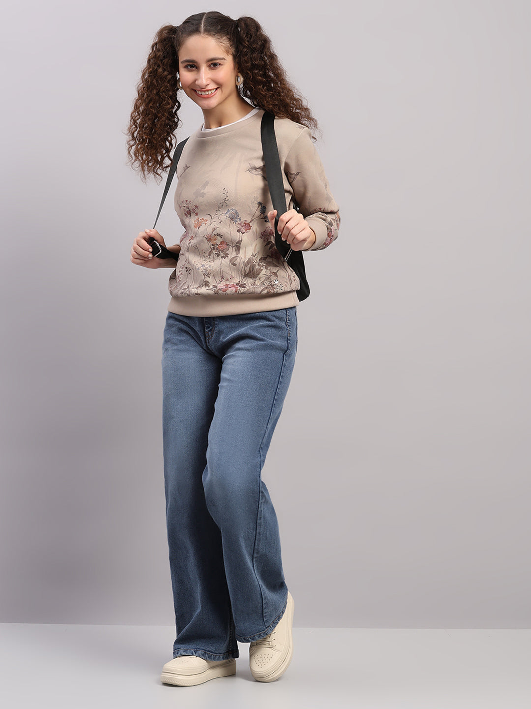 Women Beige Printed Round Neck Full Sleeve Sweatshirt