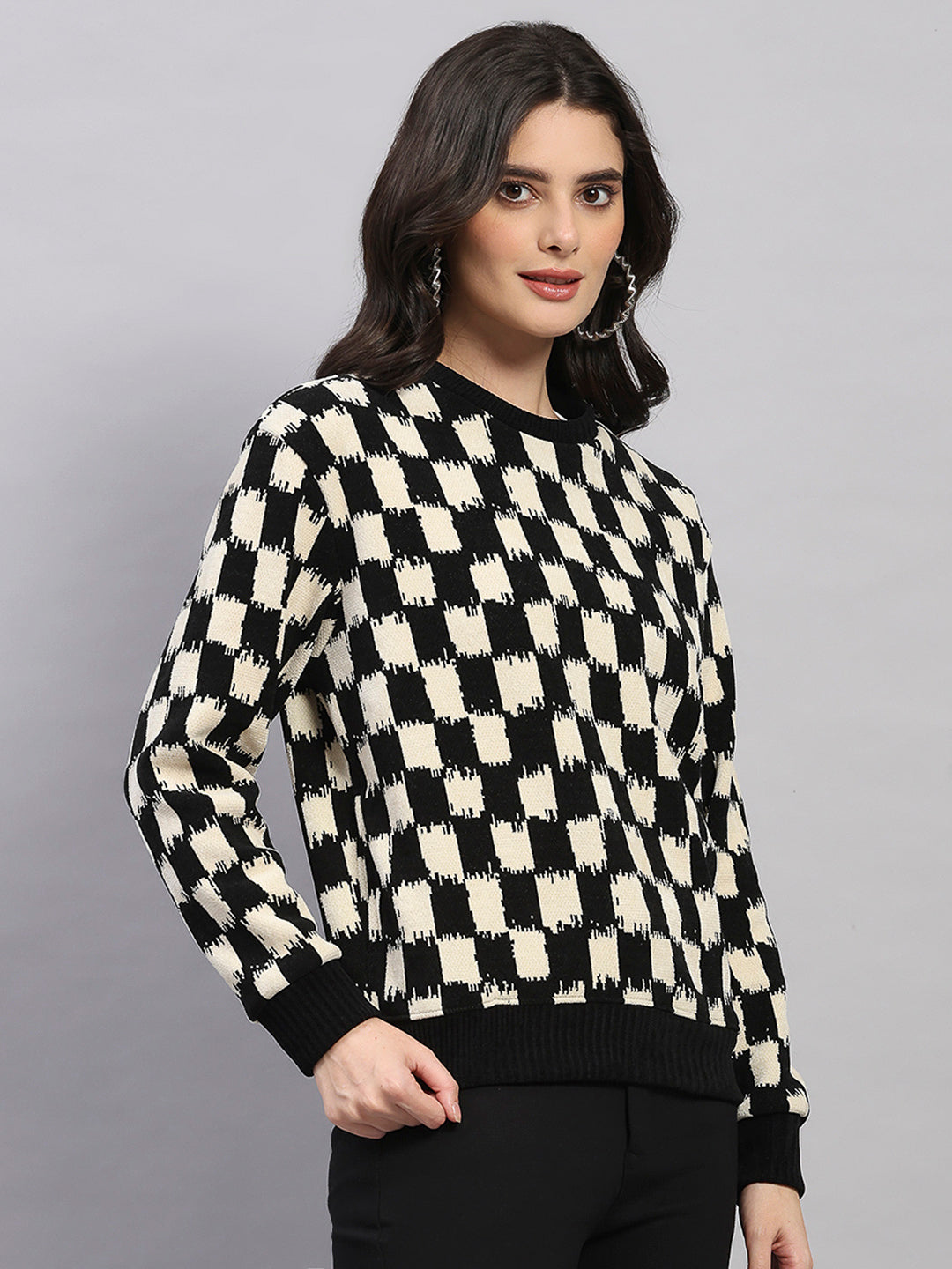 Women Black Self Design Round Neck Full Sleeve Sweatshirt