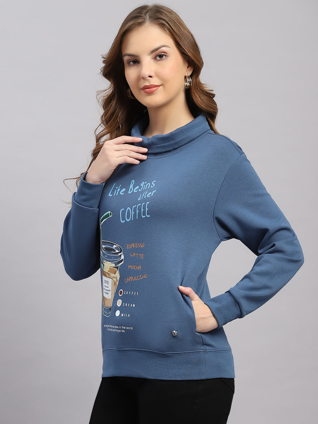 Women Blue Printed Round Neck Full Sleeve Sweatshirt