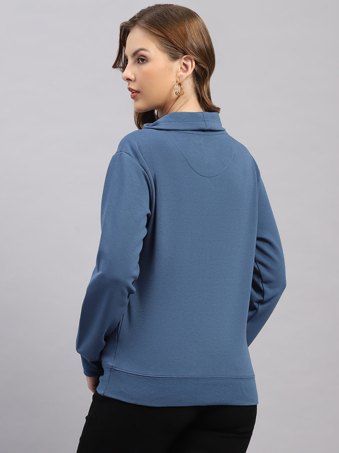 Women Blue Printed Round Neck Full Sleeve Sweatshirt