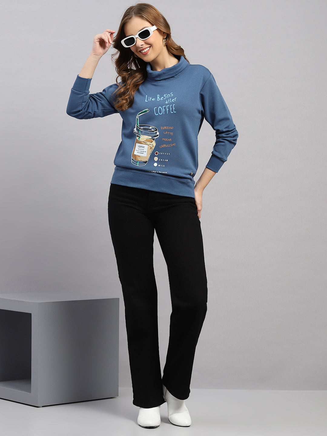 Women Blue Printed Round Neck Full Sleeve Sweatshirt