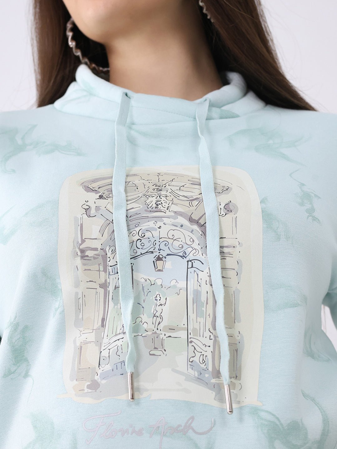Women Blue Printed Mock Neck Full Sleeve Sweatshirt