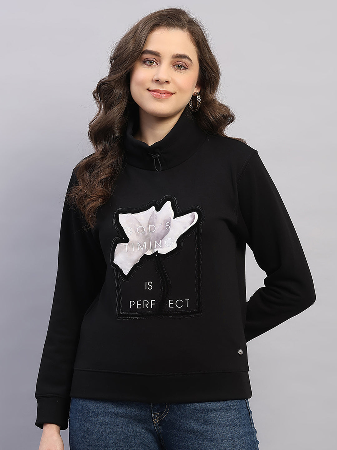 Women Black Printed High Neck Full Sleeve Sweatshirt