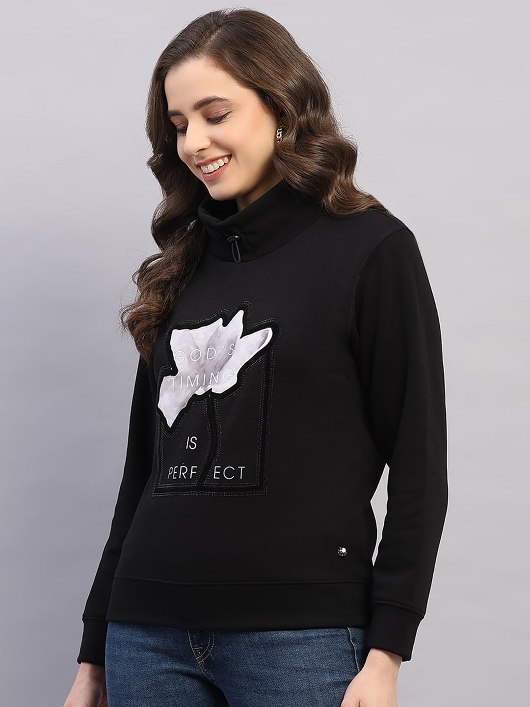 Women Black Printed High Neck Full Sleeve Sweatshirt