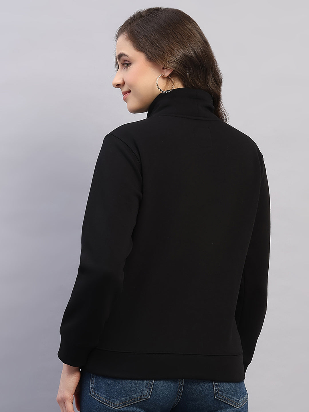 Women Black Printed High Neck Full Sleeve Sweatshirt