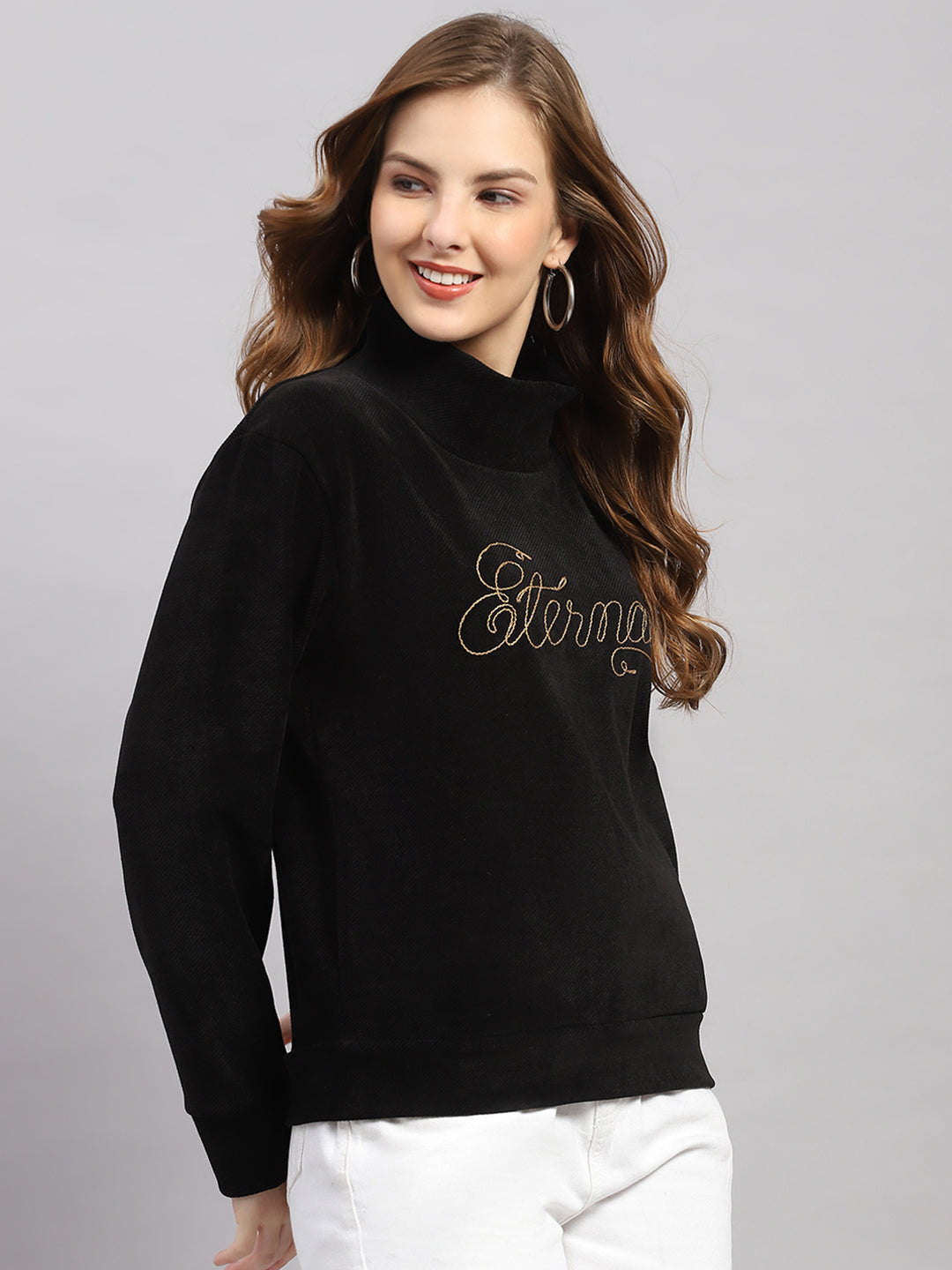 Women Black Printed Round Neck Full Sleeve Sweatshirt