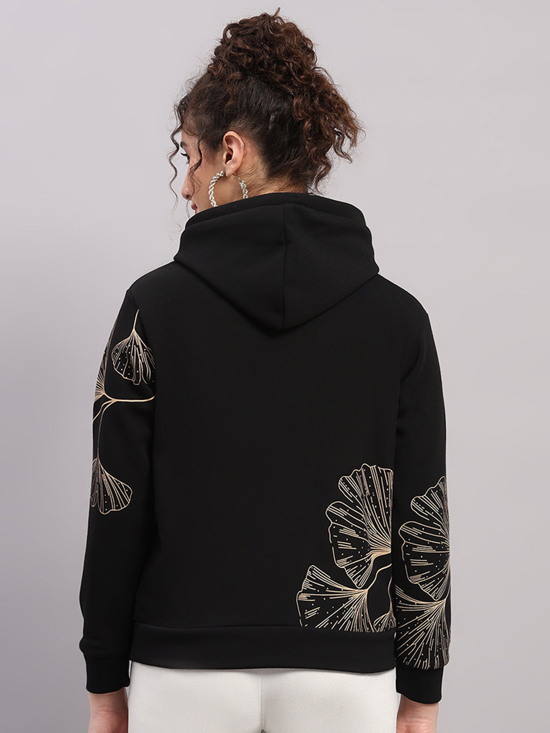 Women Black Printed Hooded Full Sleeve Sweatshirt