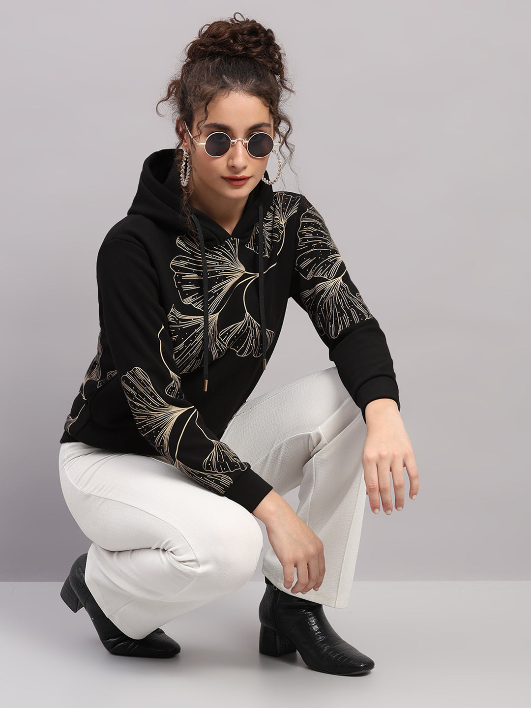 Women Black Printed Hooded Full Sleeve Sweatshirt