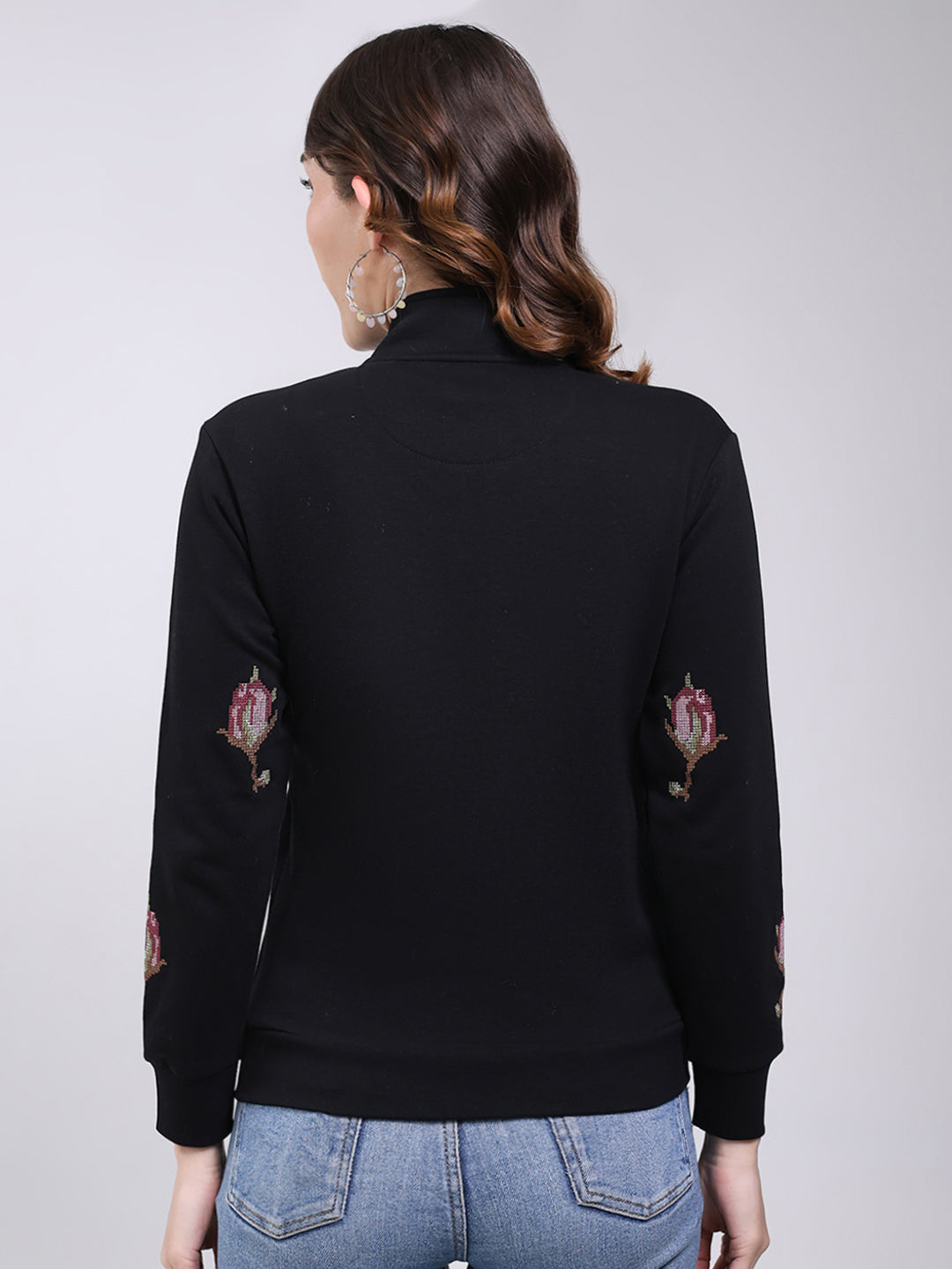 Women Black Self Design Mock Neck Full Sleeve Sweatshirt