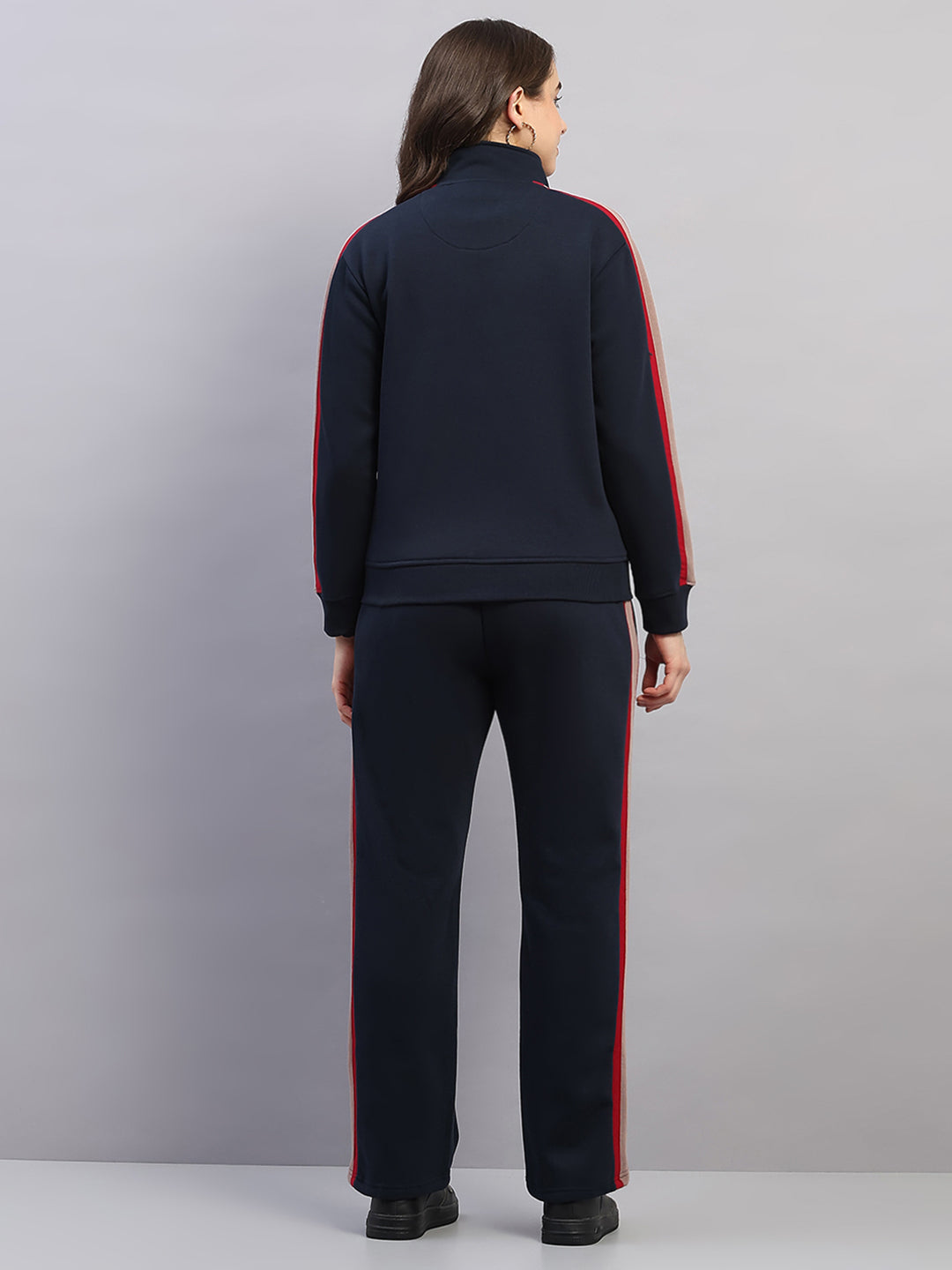 Women Navy Blue Printed Mock Neck Full Sleeve Winter Tracksuit