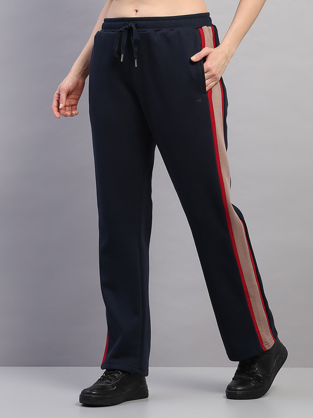 Women Navy Blue Printed Mock Neck Full Sleeve Winter Tracksuit