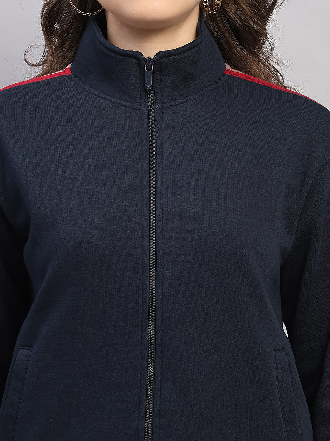 Women Navy Blue Printed Mock Neck Full Sleeve Winter Tracksuit