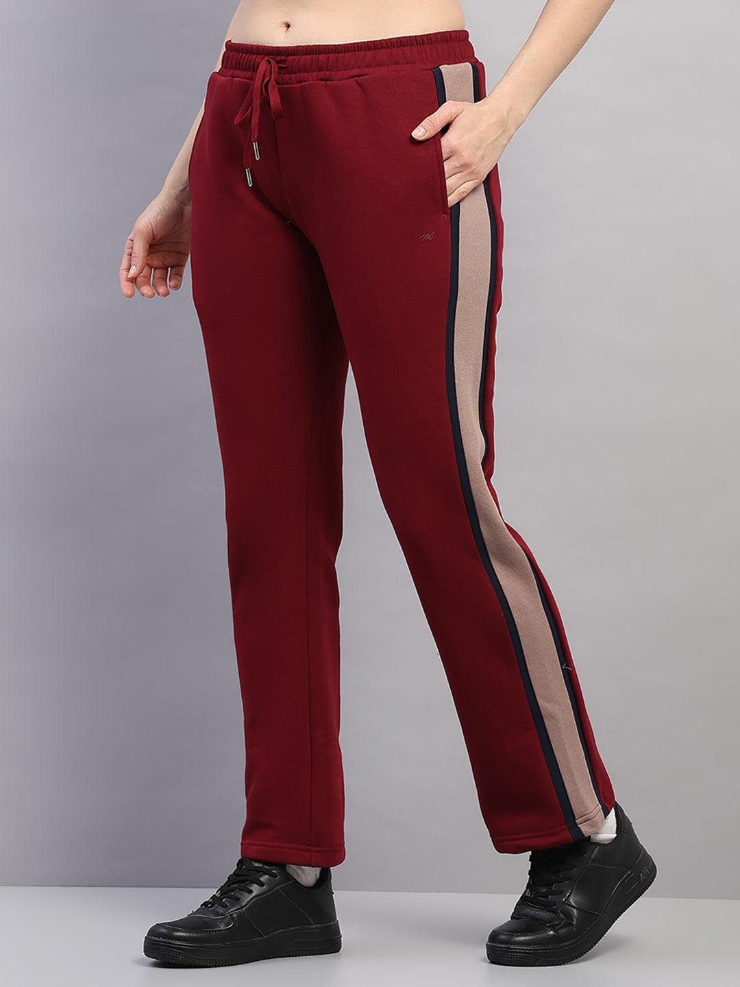 Women Maroon Printed Mock Neck Full Sleeve Winter Tracksuit