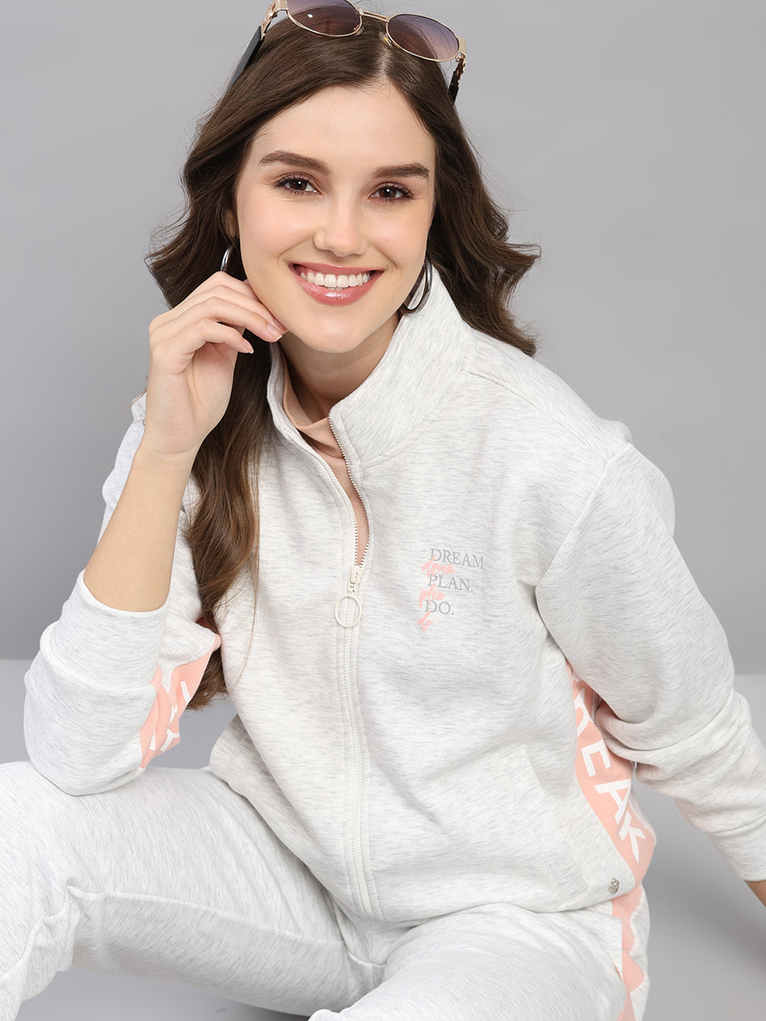 Women Off White Printed Mock Neck Full Sleeve Winter Tracksuit