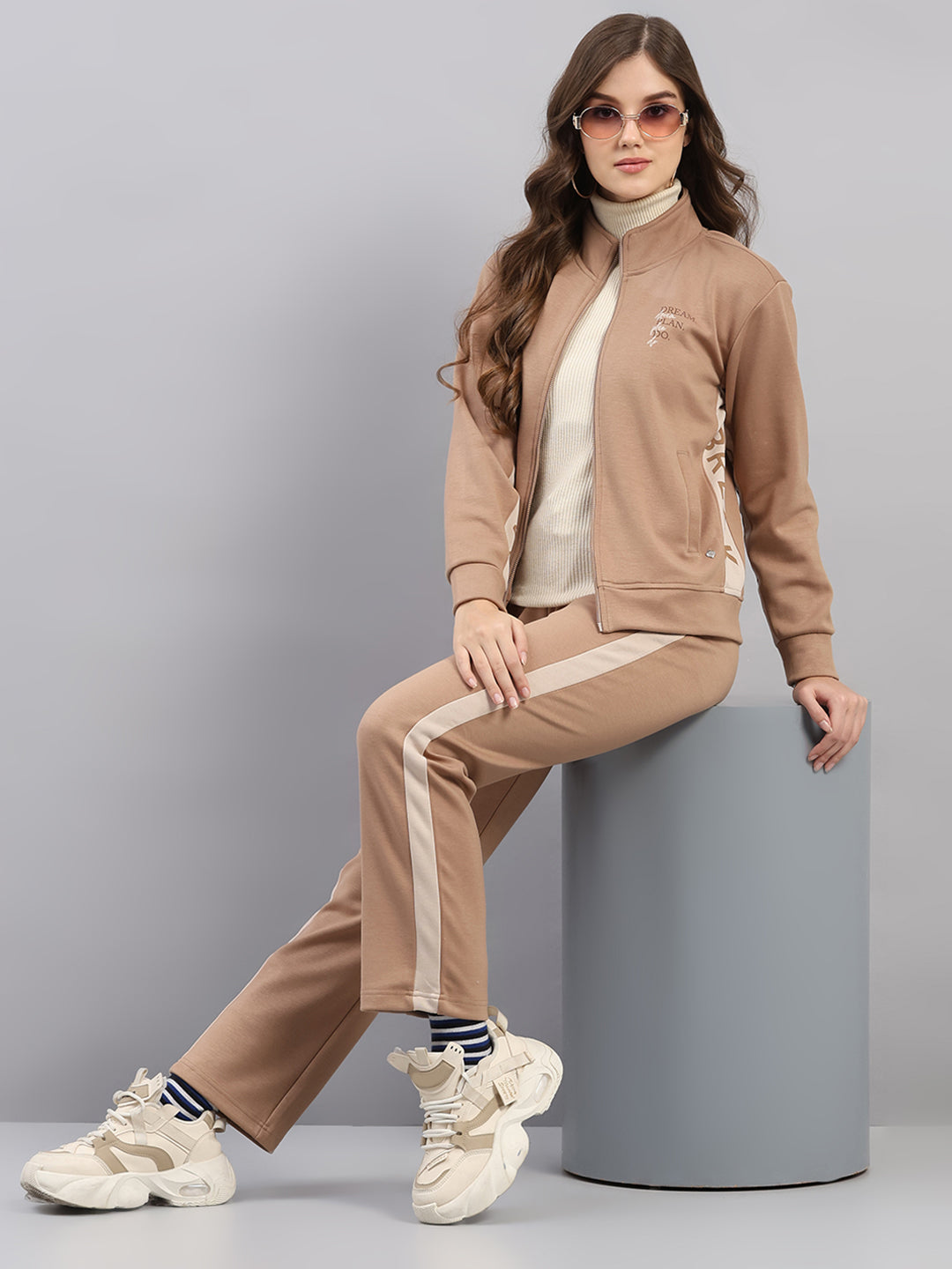 Women Brown Printed Mock Neck Full Sleeve Winter Tracksuit