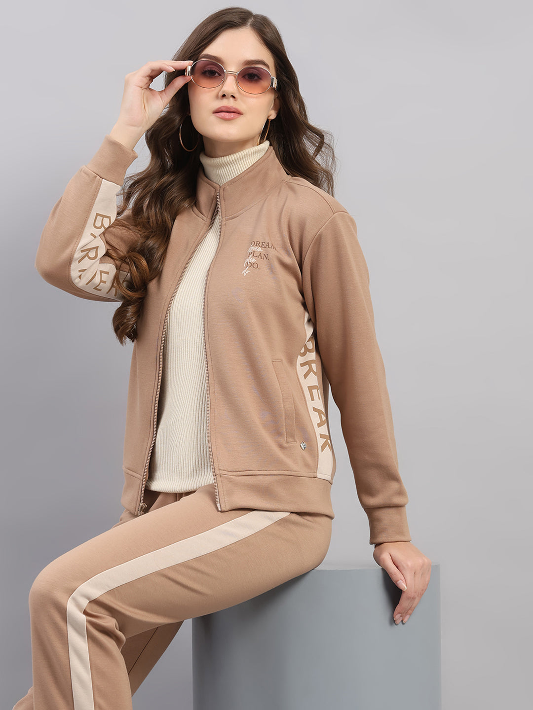 Women Brown Printed Mock Neck Full Sleeve Winter Tracksuit