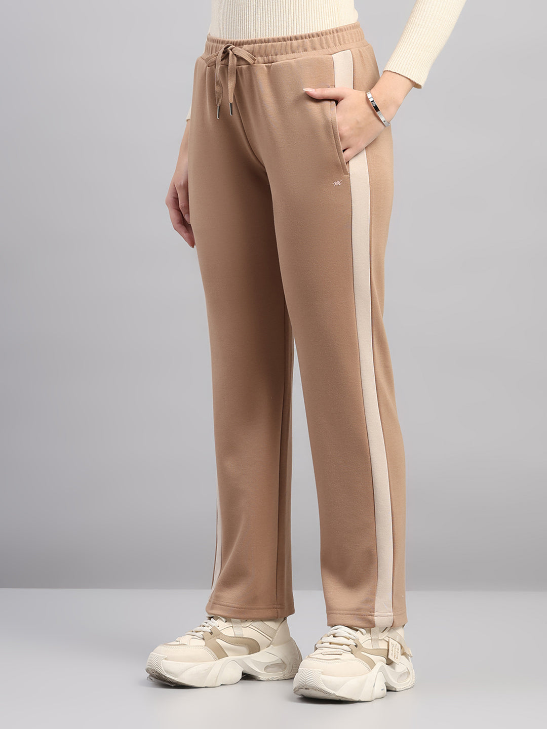 Women Brown Printed Mock Neck Full Sleeve Winter Tracksuit