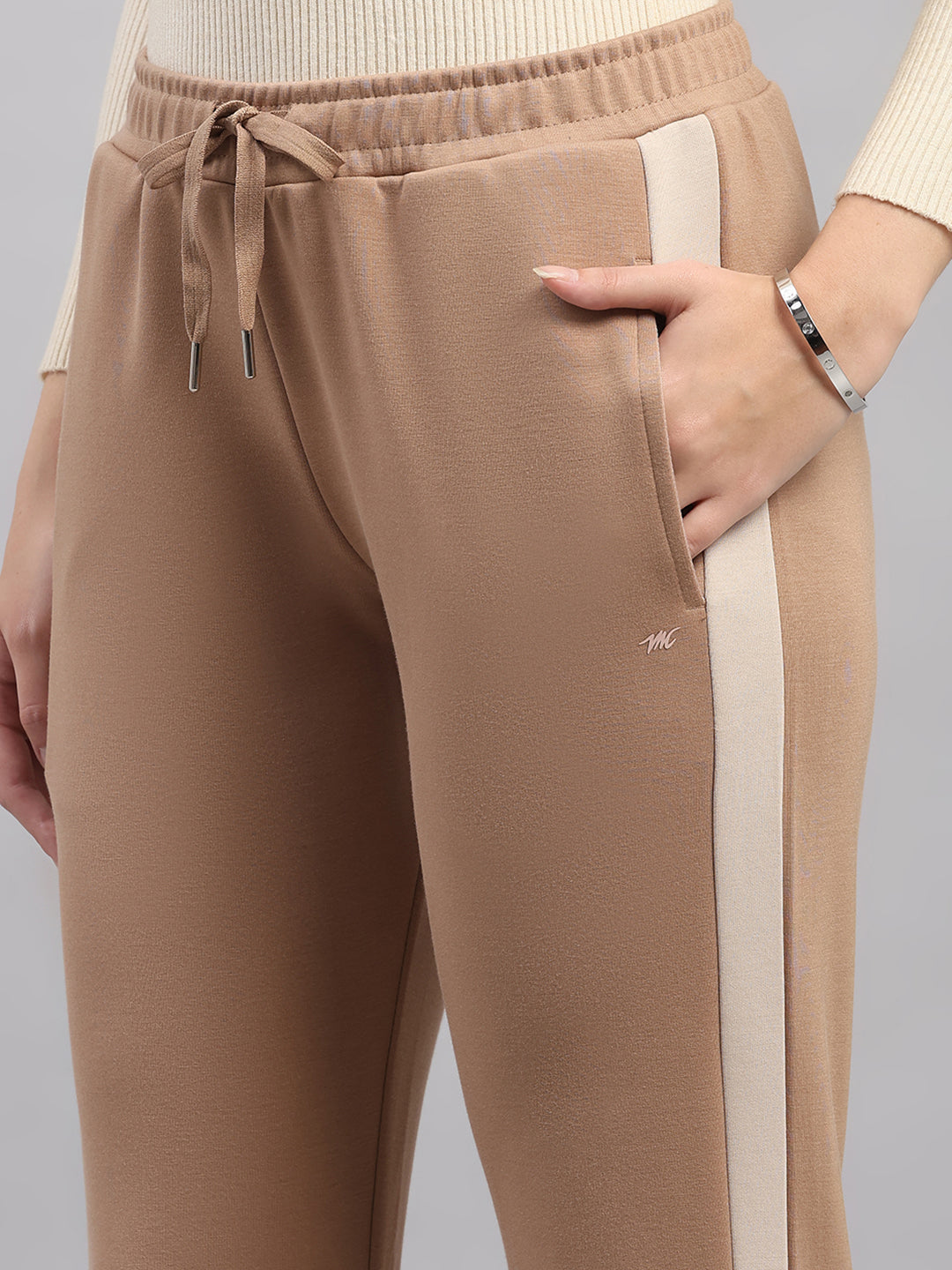 Women Brown Printed Mock Neck Full Sleeve Winter Tracksuit