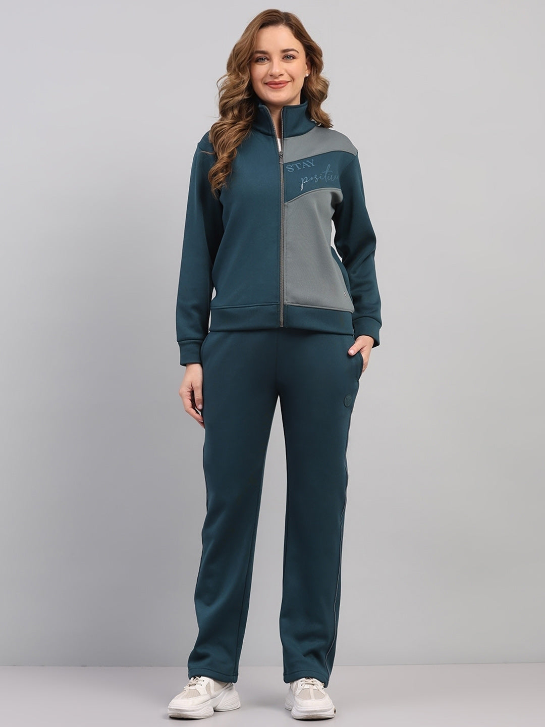 Women Teal Blue Printed Mock Neck Full Sleeve Winter Tracksuit