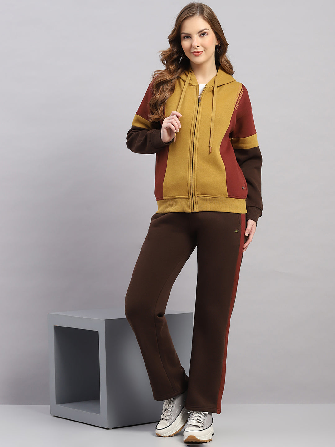 Women Mustard Printed Hooded Full Sleeve Winter Tracksuit