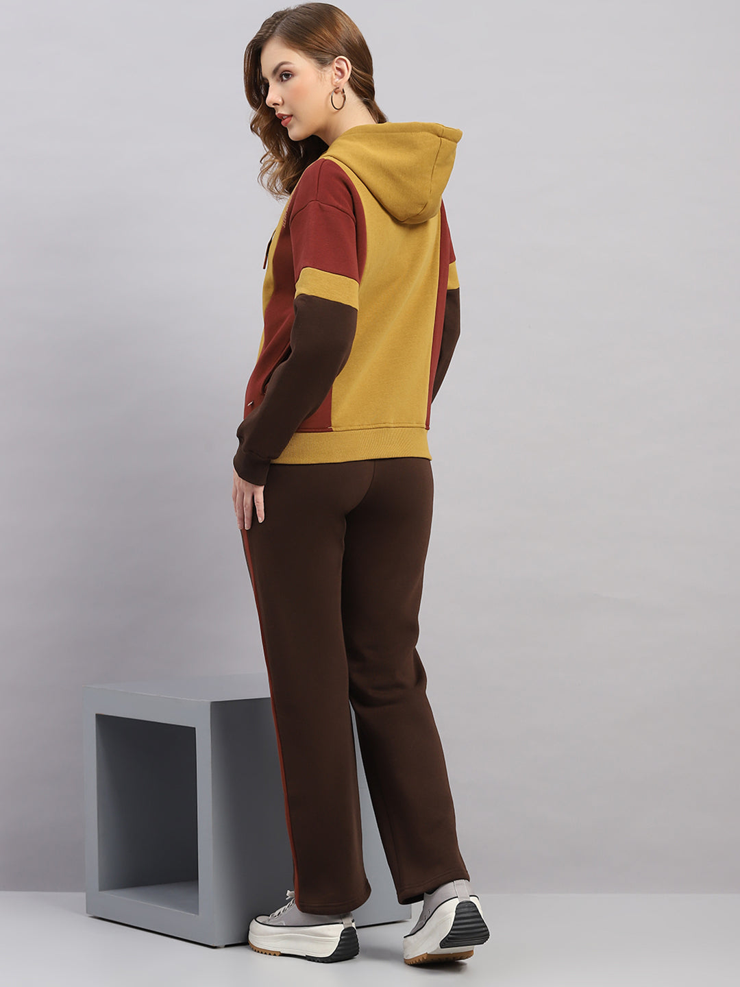 Women Mustard Printed Hooded Full Sleeve Winter Tracksuit