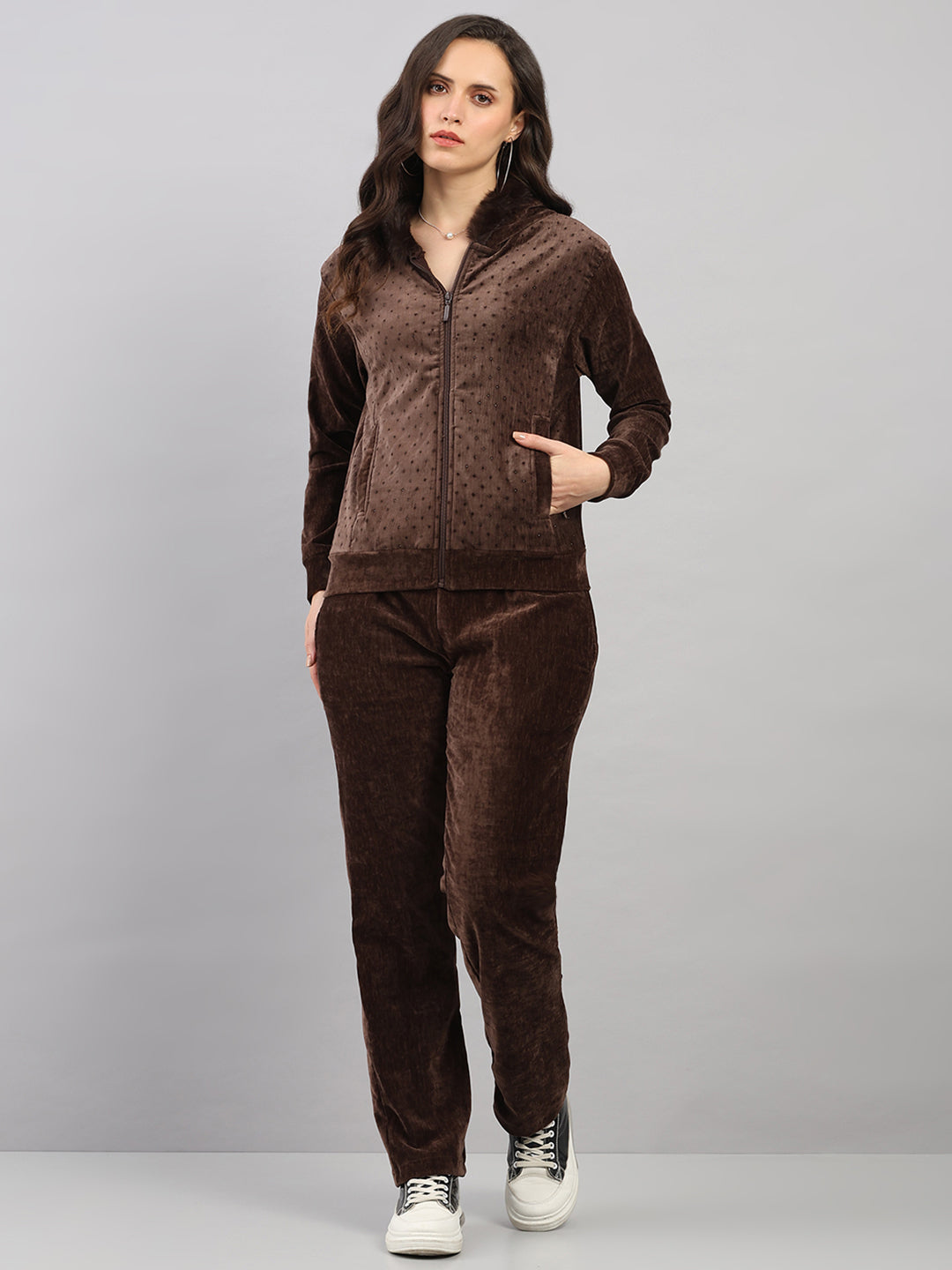 Women Brown Polka Dots Hooded Full Sleeve Winter Tracksuit
