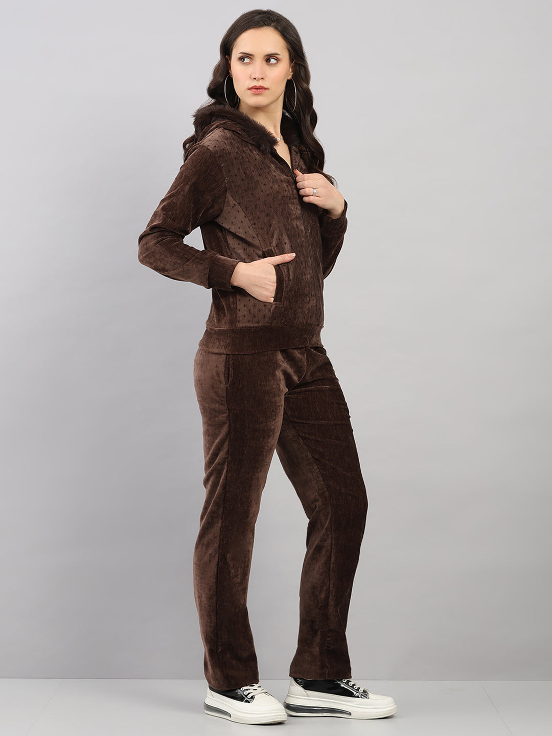 Women Brown Polka Dots Hooded Full Sleeve Winter Tracksuit