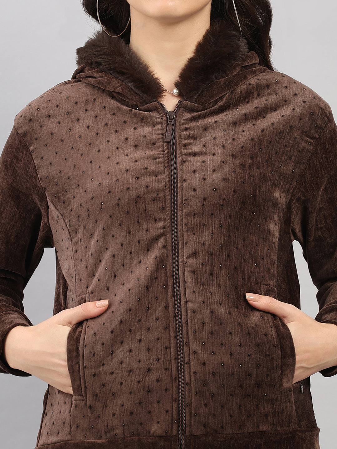 Women Brown Polka Dots Hooded Full Sleeve Winter Tracksuit