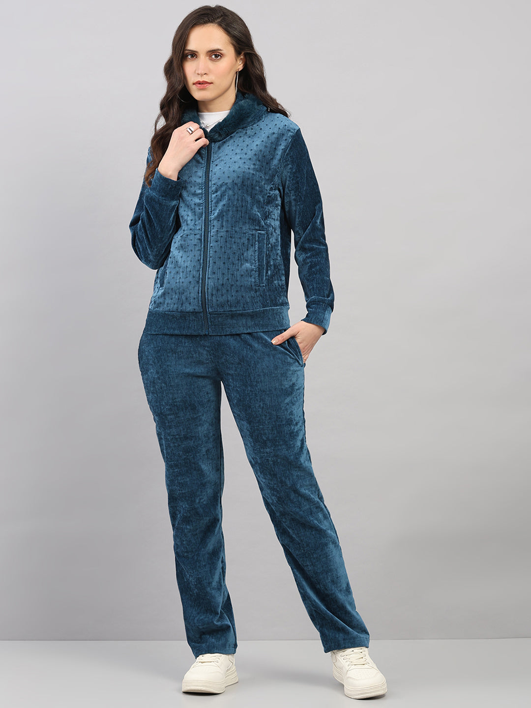 Women Teal Blue Polka Dots Hooded Full Sleeve Winter Tracksuit