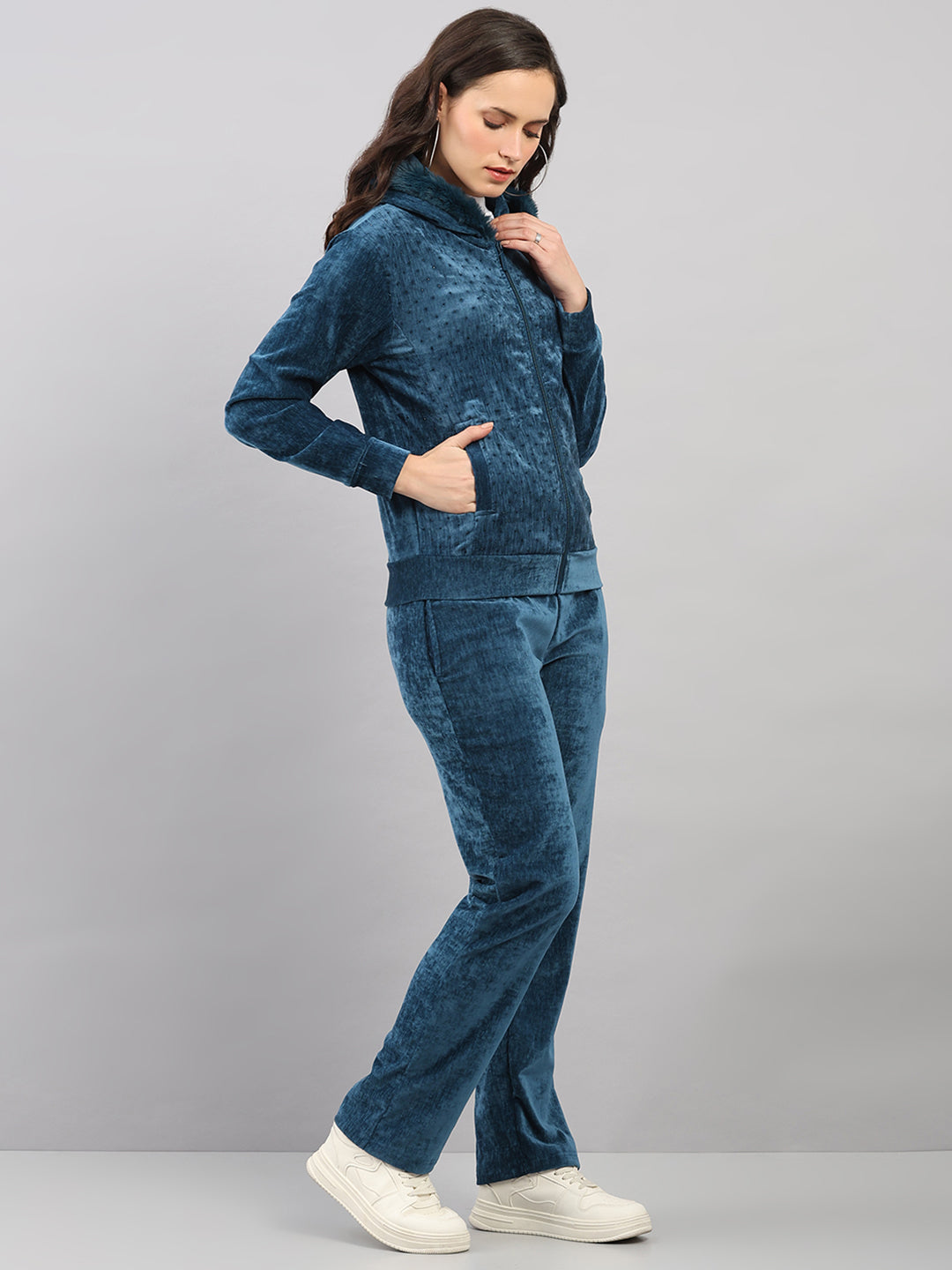 Women Teal Blue Polka Dots Hooded Full Sleeve Winter Tracksuit