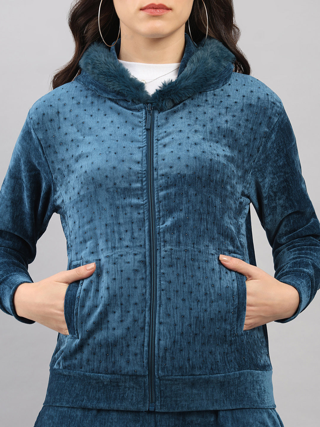 Women Teal Blue Polka Dots Hooded Full Sleeve Winter Tracksuit