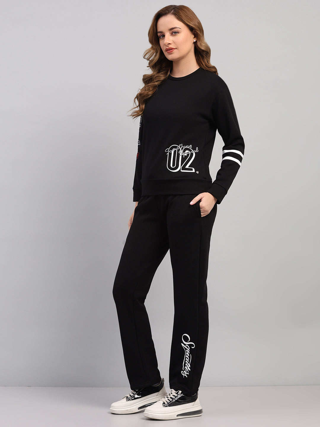 Women Black Printed Round Neck Full Sleeve Cords Set