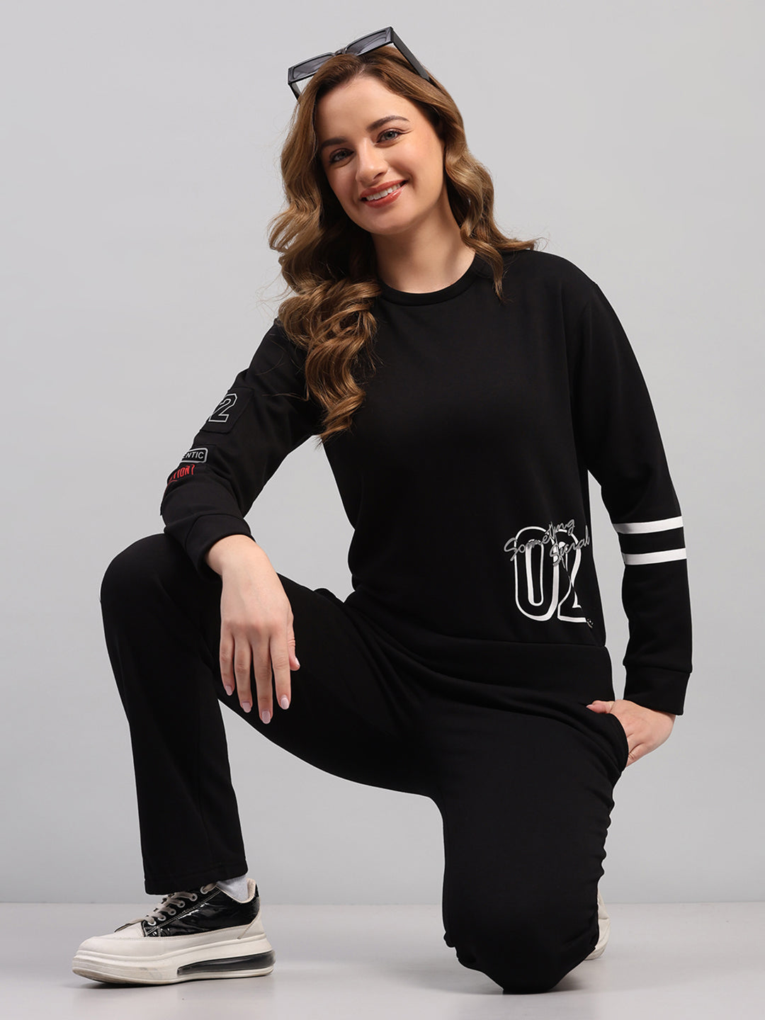 Women Black Printed Round Neck Full Sleeve Cords Set