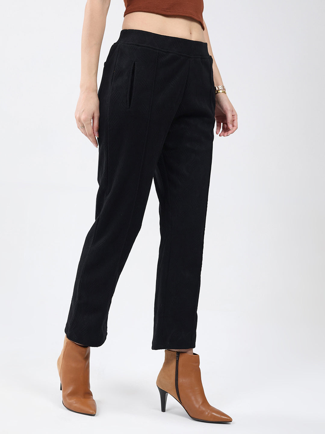 Women Black Self Design Regular Fit Winter Lower