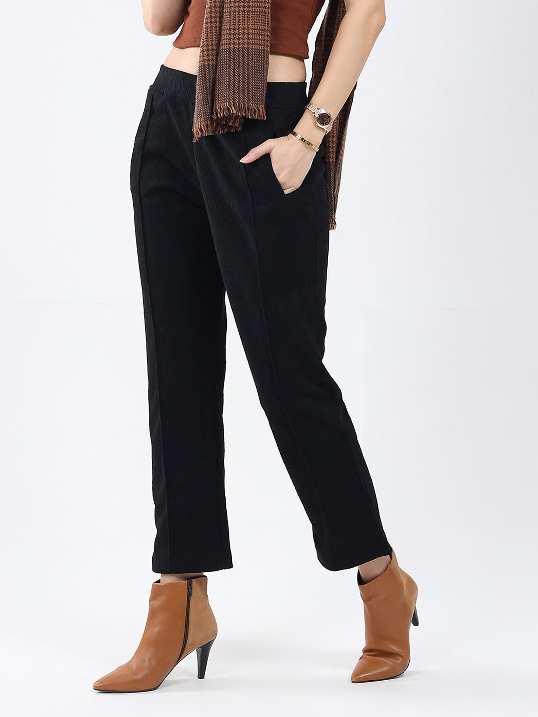 Women Black Self Design Regular Fit Winter Lower