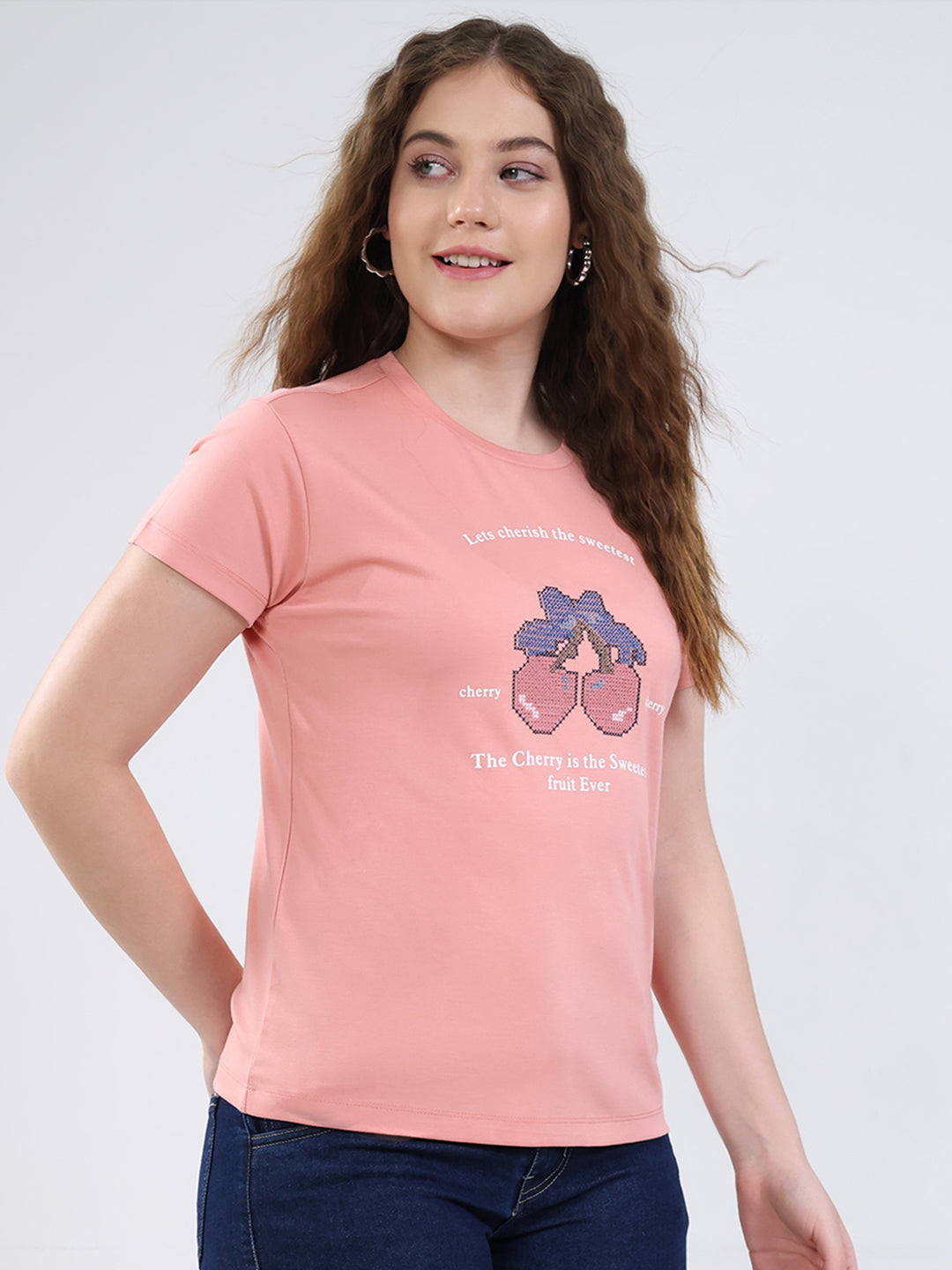 Women Peach Printed Round Neck Half Sleeve Top