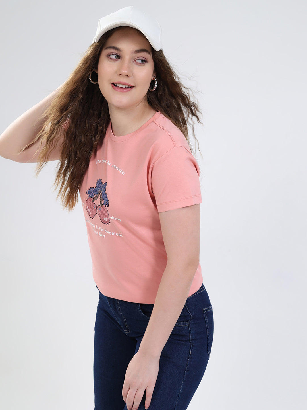 Women Peach Printed Round Neck Half Sleeve Top