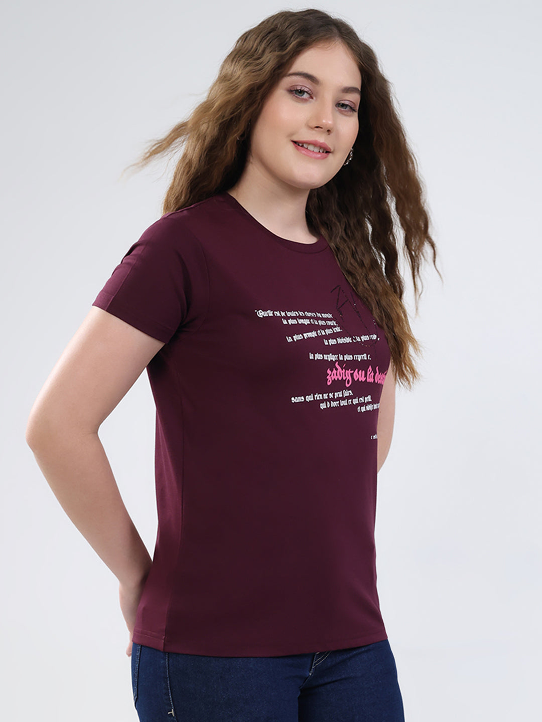 Women Burgundy Printed Round Neck Half Sleeve Top