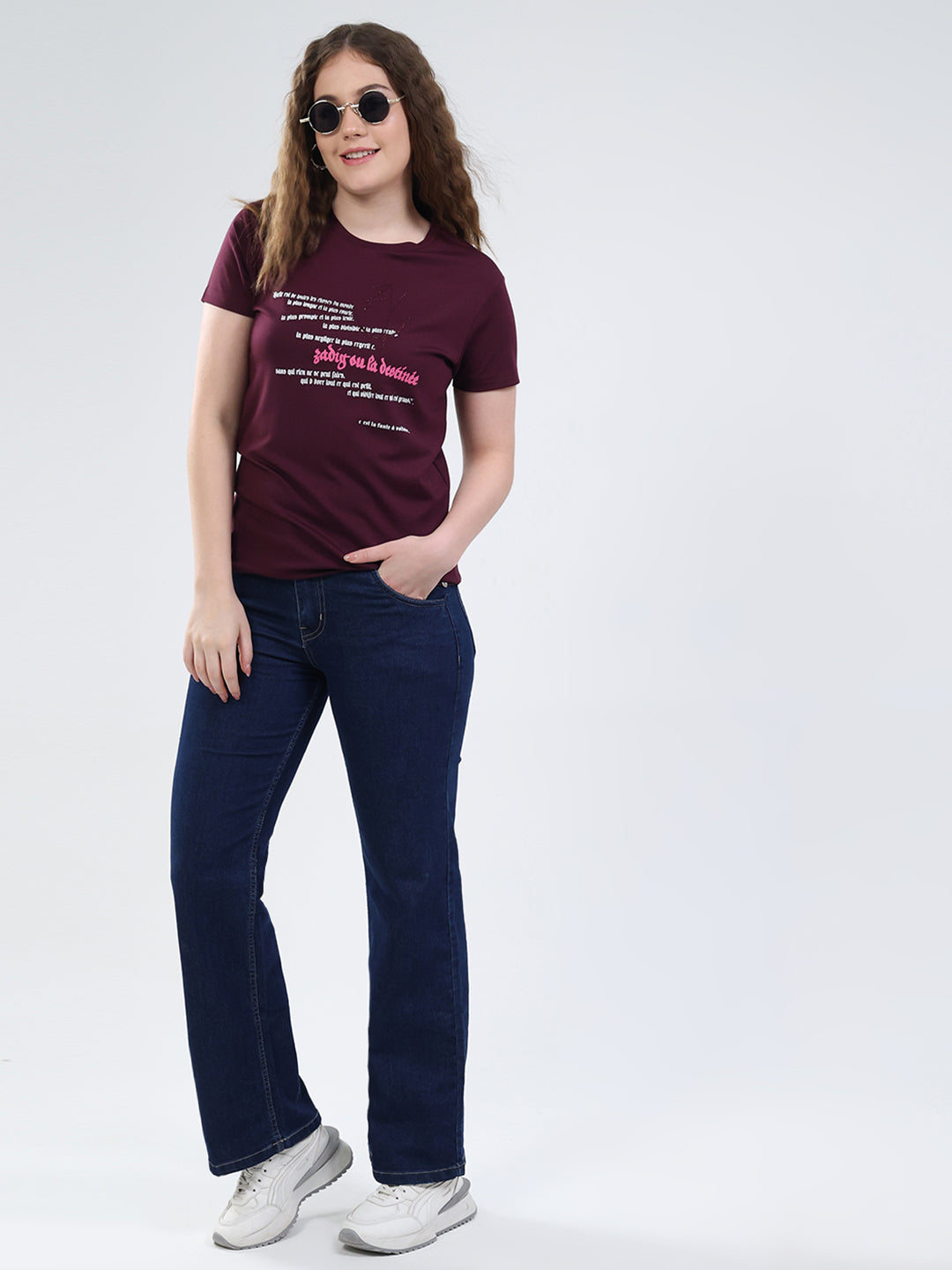 Women Burgundy Printed Round Neck Half Sleeve Top