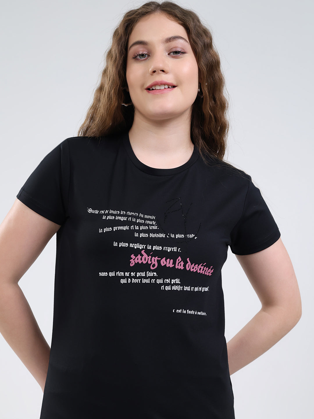 Women Black Printed Round Neck Half Sleeve Top