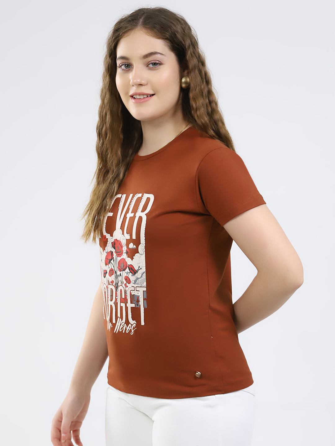Women Brown Printed Round Neck Half Sleeve Top