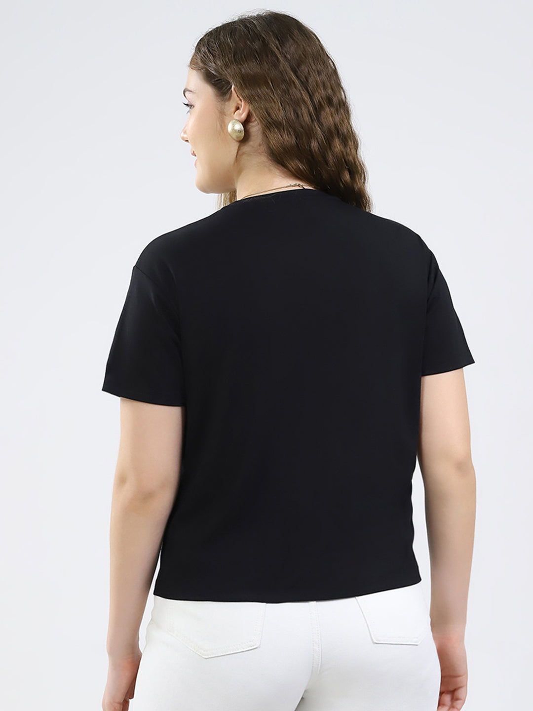 Women Black Printed Round Neck Half Sleeve Top