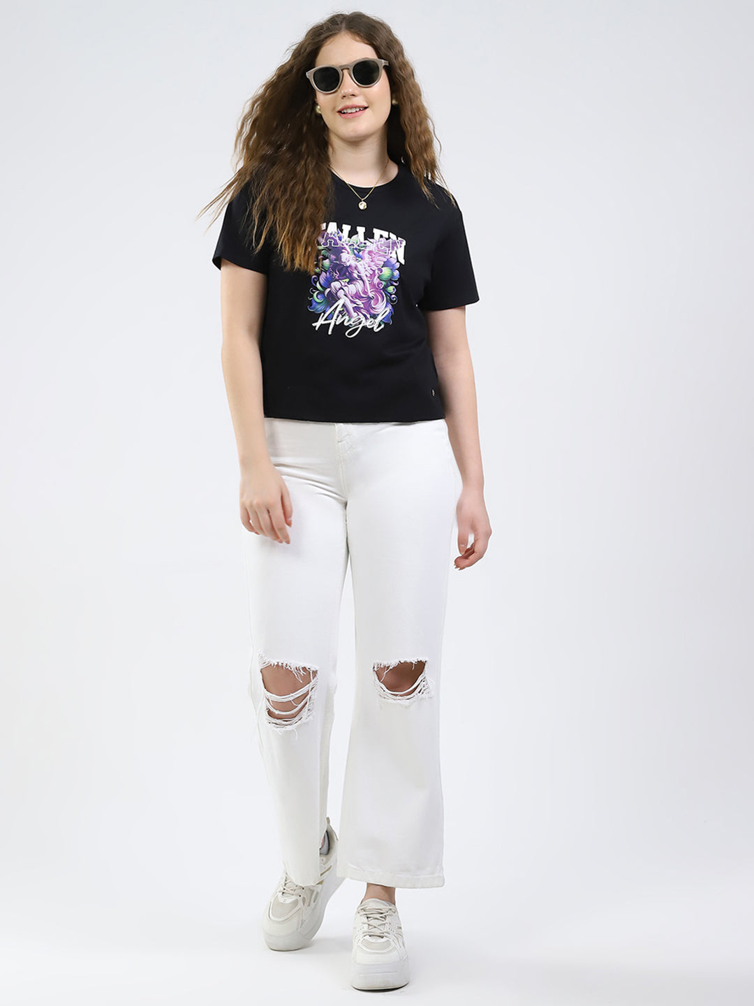 Women Black Printed Round Neck Half Sleeve Top