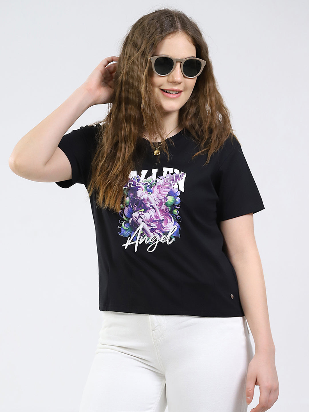 Women Black Printed Round Neck Half Sleeve Top