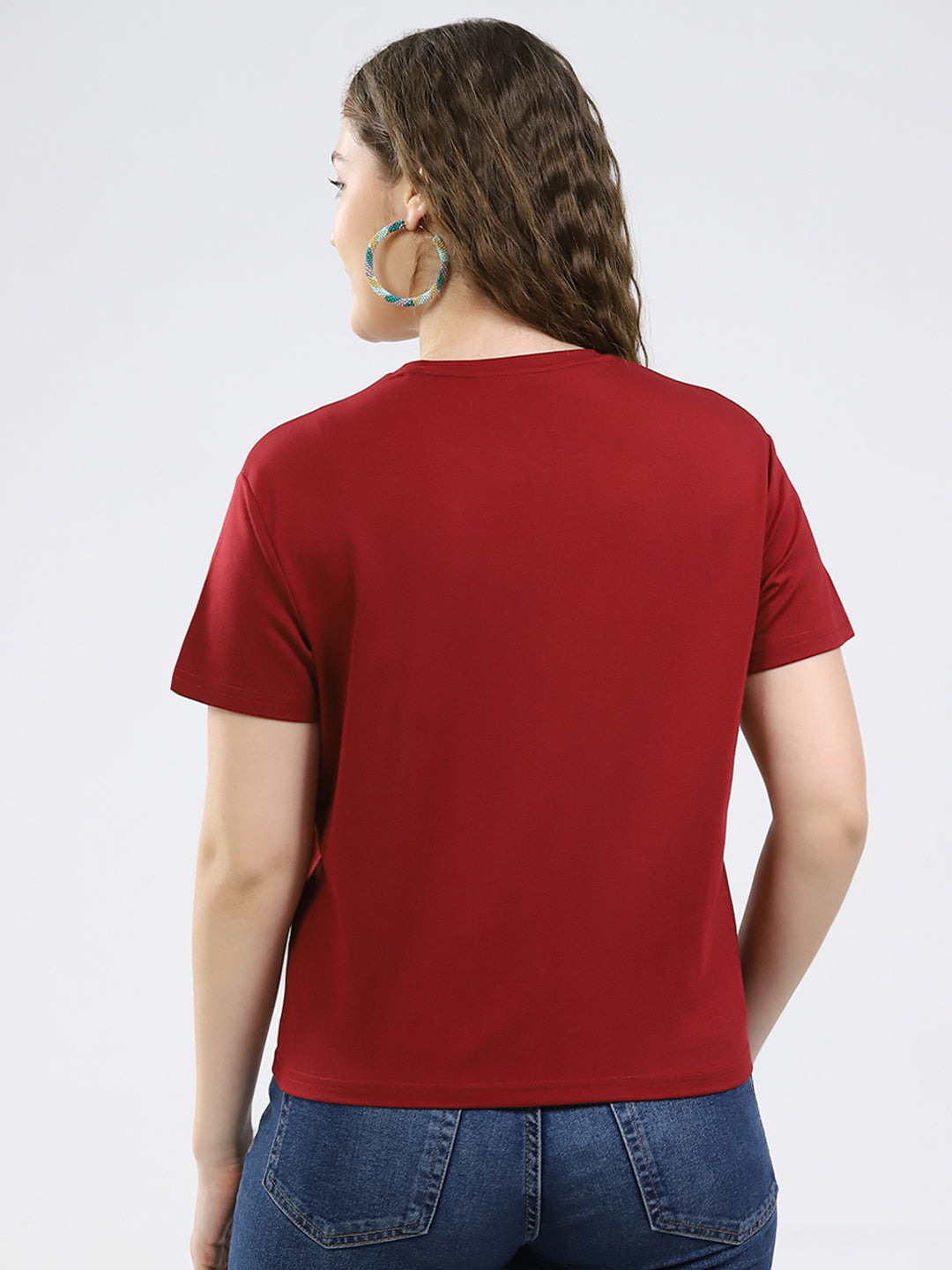 Women Maroon Printed Round Neck Half Sleeve Top