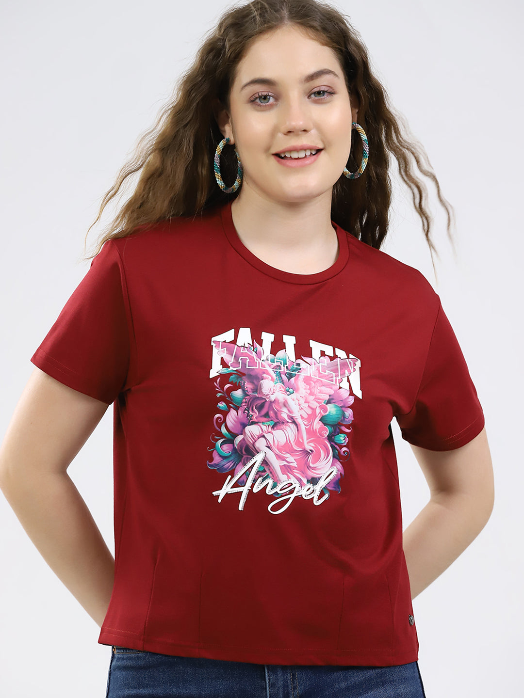 Women Maroon Printed Round Neck Half Sleeve Top